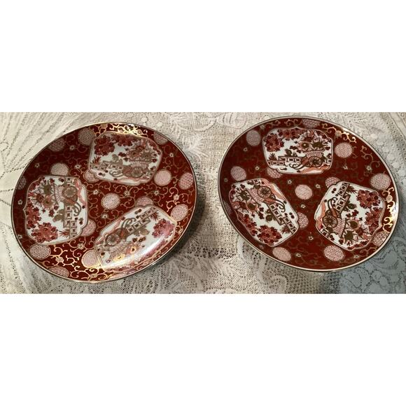 Set 2 Vintage Hand Painted Gold Imari Japanese Decorative Plates 11” Rickshaws - Picture 1 of 10